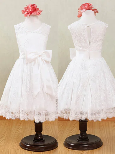 Beautiful White Lace Ankle-length with Bow Scoop Neck Flower Girl Dresses #01031871