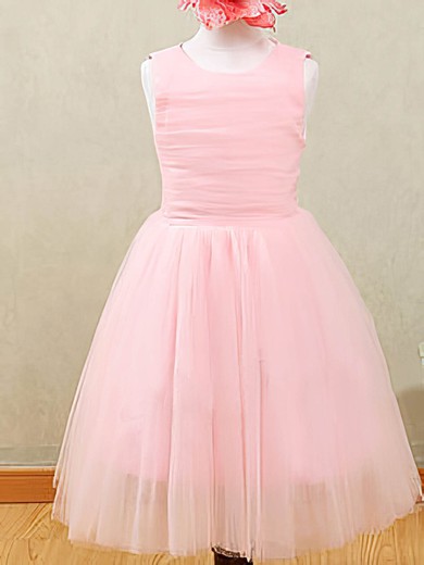 Sweet Pink Tulle Draped Scoop Neck Ankle-length Flower Girl Dresses #01031873