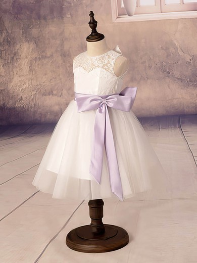 Ankle-length Sashes/Ribbons Scoop Neck White Lace Tulle Flower Girl Dresses #01031878