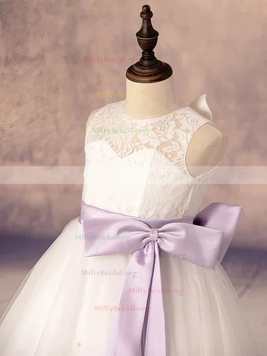 Ankle length Sashes Ribbons Scoop Neck White Lace Tulle Flower Girl Dresses