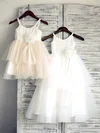 Cute Scoop Neck White Satin Tulle Tiered Ankle-length Flower Girl Dress #01031882