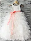 Scoop Neck White Organza Sashes/Ribbons and Tiered Floor-length Flower Girl Dress #01031883