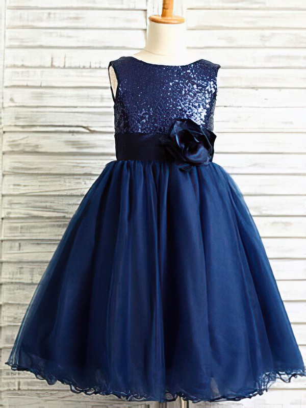 Ball Gown Flower(s) Royal Blue Tulle Sequined Ankle-length Flower Girl ...