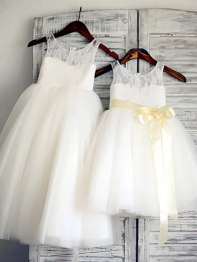 New Ivory Lace Tulle Ankle-length Sashes/Ribbons Scoop Neck Flower Girl Dresses #01031885