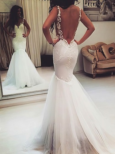 Elegant Sweetheart Ivory Tulle Backless Appliques Lace Trumpet/Mermaid Wedding Dress #00021421