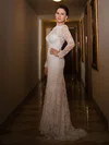 Classic Sheath/Column Scoop Neck Long Sleeve White Lace Wedding Dress #00021429