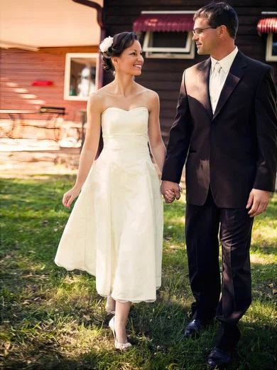 Taffeta Sweetheart Bow Tea-length Lace Ivory Casual Wedding Dress #00021432