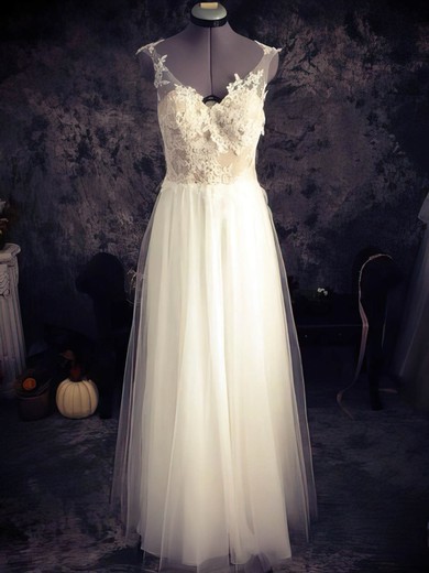 A-line White Tulle Appliques Lace Open Back Sweetheart Wedding Dresses #00021436