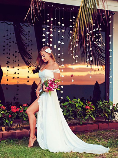 Court Train White Chiffon Lace Off-the-shoulder Fashion Split Front Wedding Dress #00021438