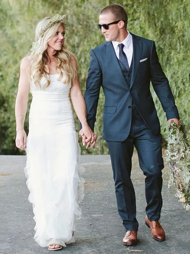 Ankle-length White Sweetheart Cascading Ruffles Sheath/Column Organza Wedding Dresses #00021439