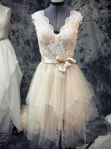 Cute Asymmetrical V-neck Tulle Sashes/Ribbons Lace Champagne Short Wedding Dresses #00021442