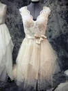 Cute Asymmetrical V-neck Tulle Sashes/Ribbons Lace Champagne Short Wedding Dresses #00021442