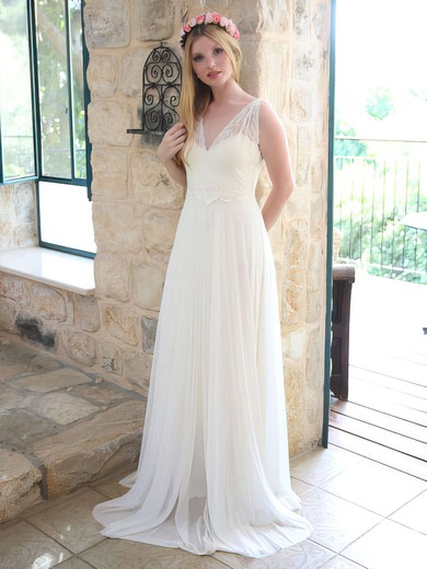 New A-line Ivory Chiffon Lace Sashes/Ribbons V-neck Open Back Wedding Dresses #00021446