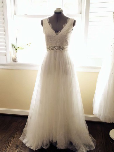 Graceful Court Train Ivory Tulle Lace with Sashes/Ribbons Backless V-neck Wedding Dresses #00021448