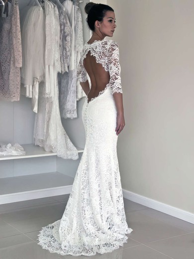 Trumpet/Mermaid White Lace Scoop With Open Back 3/4 Sleeve Modest Wedding Dress #00021456