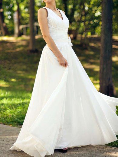 A-line V-neck Chiffon Floor-length Wedding Dresses With Flower(s) #00021463