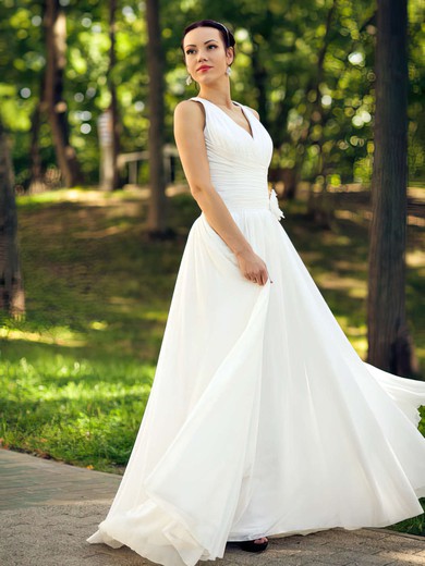 Ivory Ruffles Chiffon with Flower(s) Fashion Floor-length V-neck Wedding Dresses #00021463