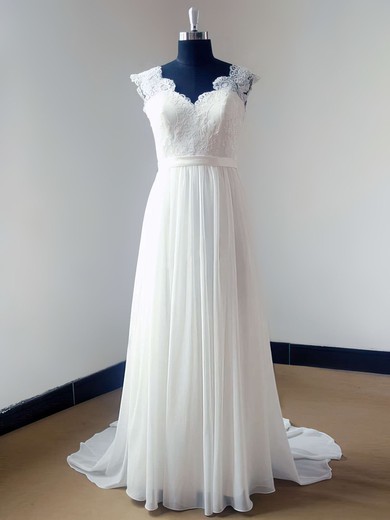 Designer Ivory Chiffon Lace Sweep Train V-neck Open Back Wedding Dress #00021468