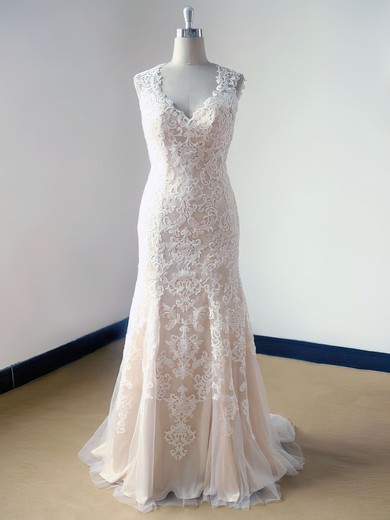 Trumpet/Mermaid V-neck Champagne Tulle Lace Fashionable Open Back Wedding Dress #00021469