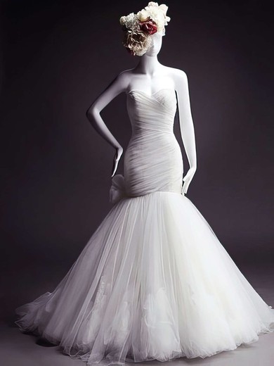 Designer Sweetheart Tulle Bow And Flower(s) White Trumpet/Mermaid Wedding Dresses #00021473