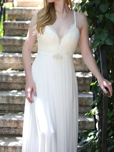 A-line V-neck Chiffon Sweep Train Wedding Dresses With Appliques Lace #00021481