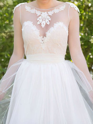 A-line Illusion Tulle Sweep Train Wedding Dresses With Appliques Lace #00021482