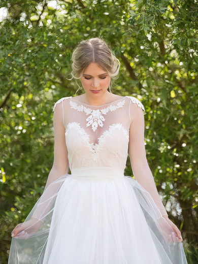A-line Illusion Tulle Sweep Train Wedding Dresses With Appliques Lace #00021482