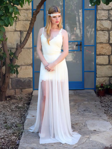 A-line V-neck Lace Chiffon Sweep Train Wedding Dresses With Sashes / Ribbons #00021483