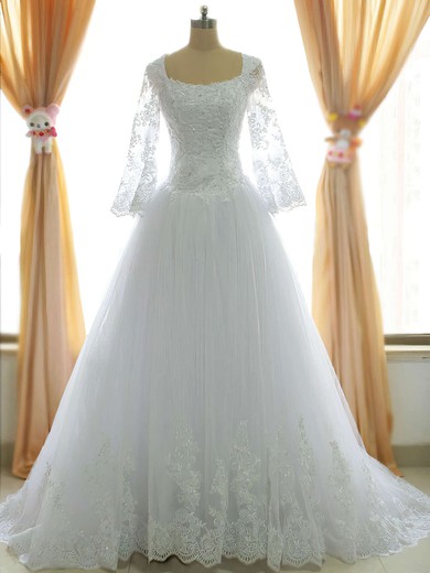Ball Gown Square Neckline Tulle Chapel Train Wedding Dresses With Appliques Lace #00021485