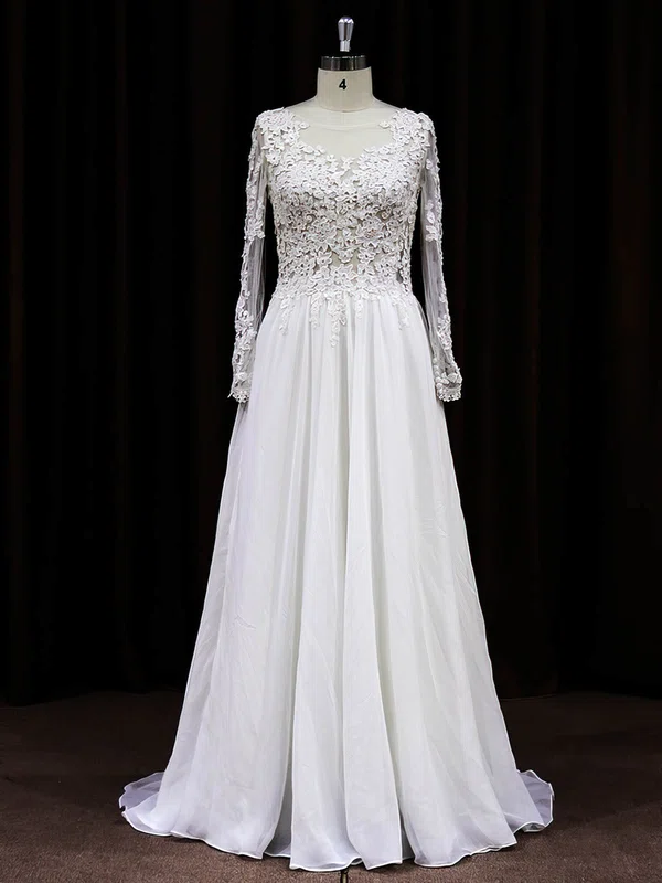 Sweep Train Long Sleeve White Chiffon Tulle Appliques Lace Scoop Neck Wedding Dress #00021488