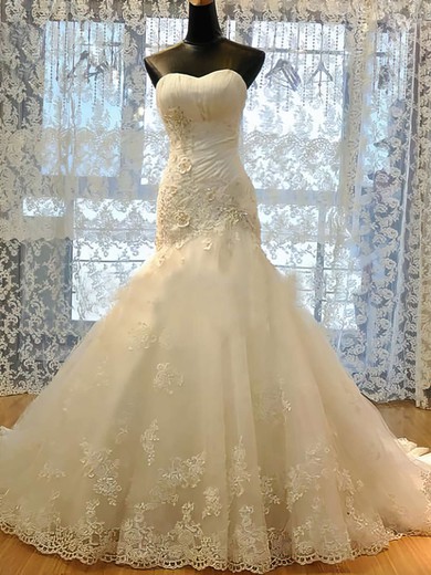 Affordable Sweetheart Satin Tulle Appliques Lace and Lace-up Trumpet/Mermaid Wedding Dresses #00021489