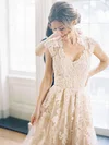 A-line V-neck Tulle Sweep Train Wedding Dresses With Appliques Lace #00021495