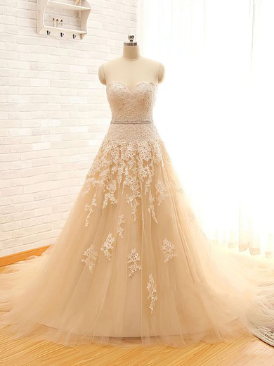 Sweetheart Champagne Tulle Appliques Lace and Lace-up Chapel Train Wedding Dresses #00021496
