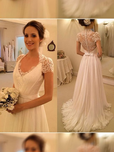 A-line V-neck Chiffon Sweep Train Wedding Dresses With Appliques Lace #00021497
