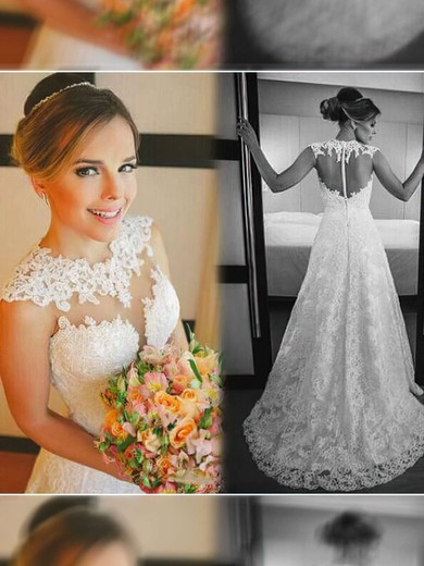 A-line Illusion Lace Sweep Train Wedding Dresses With Appliques Lace #00021498