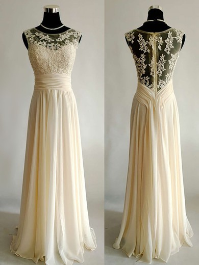 Trendy Chiffon Tulle Appliques Lace Floor-length Scoop Neck Champagne Wedding Dress #00021499