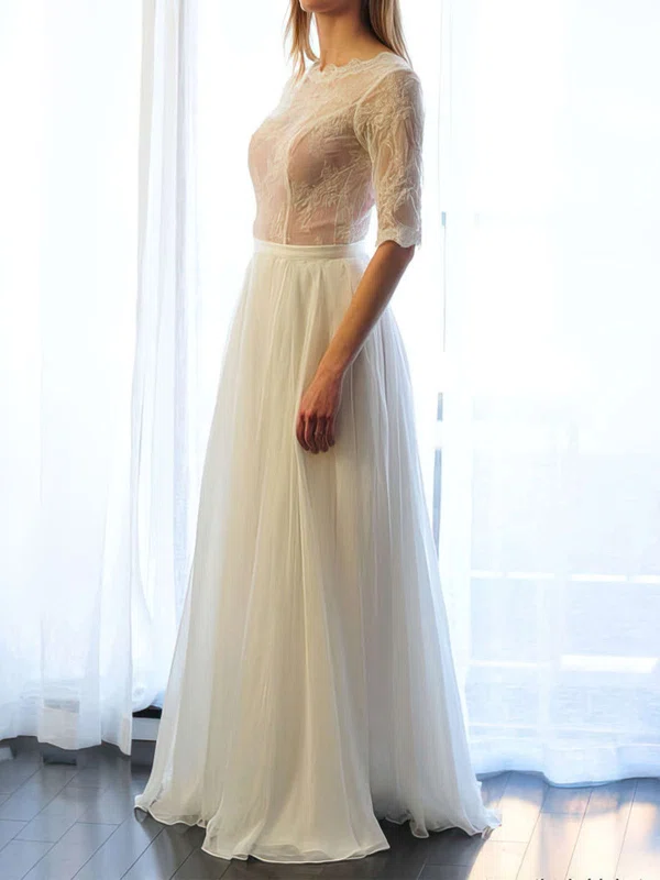 A-line Scoop Neck Lace Chiffon Floor-length Wedding Dresses #00021511