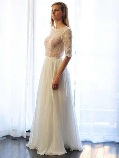 A-line Scoop Neck Lace Chiffon Floor-length Wedding Dresses #00021511