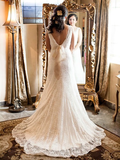 Modest Backless Lace with Sashes/Ribbons Court Train Ivory V-neck Wedding Dress #00021513