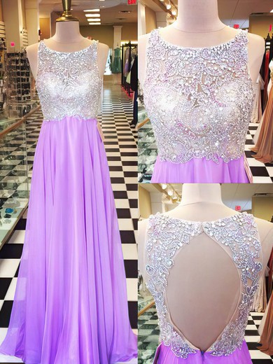Fashion Chiffon Tulle with Beading Scoop Neck Floor Length Lilac Prom Dresses #02018847