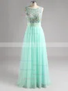 Scoop Neck Sage Tulle Floor-length Crystal Detailing and Bow Open Back Prom Dresses #02018884