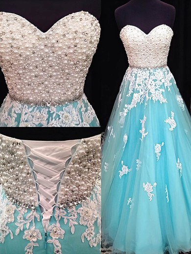 Sweetheart Light Sky Blue Tulle with Lace-up Pearl Detailing Prom Dress #02018886