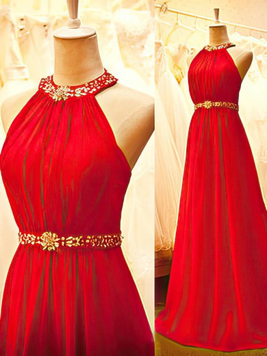Pretty Halter Crystal Detailing Open Back Red Chiffon Prom Dresses #02018934