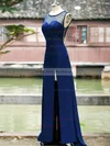Inexpensive Scoop Neck Royal Blue Silk-like Satin with Split Front Prom Dress #02019045