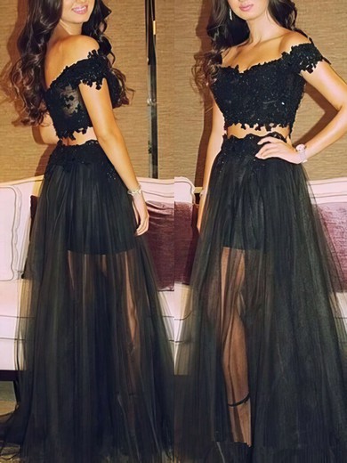 Popular Black Tulle Two Piece Off-the-shoulder Long Prom Dresses #02019106