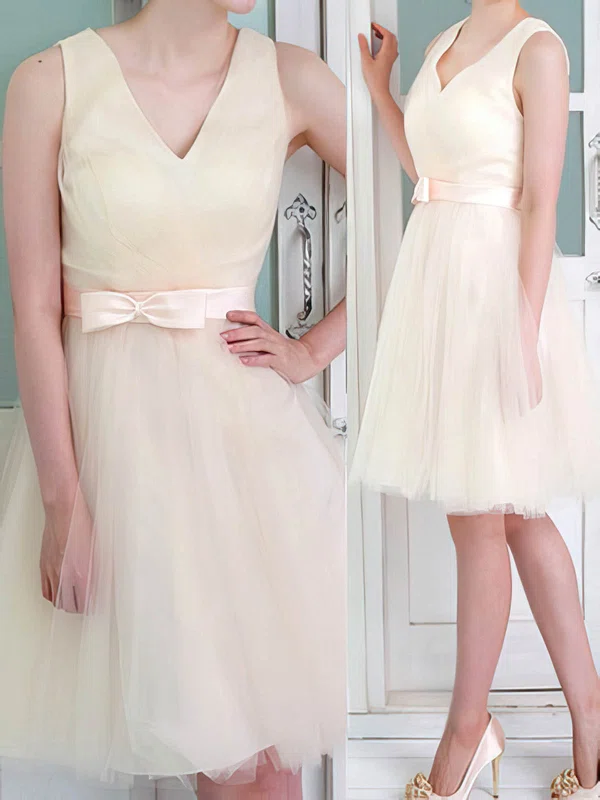 Discount V-neck Knee-length Tulle with Bow Champagne Bridesmaid Dresses #01012105