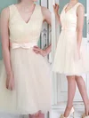 Discount V-neck Knee-length Tulle with Bow Champagne Bridesmaid Dresses #01012105