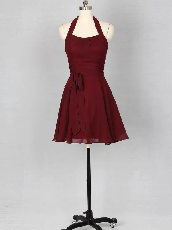 Vintage Burgundy Chiffon Sashes/Ribbons Short/Mini Halter Bridesmaid Dress #01012151