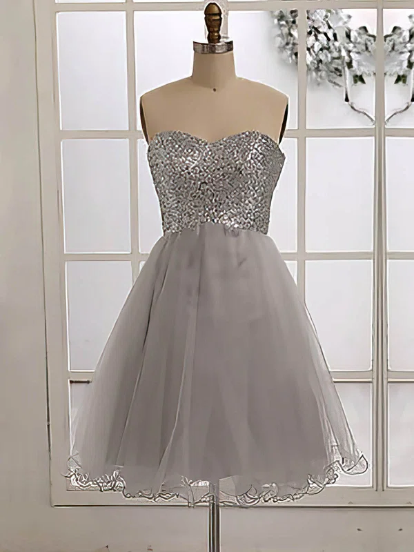 Silver Tulle Sequined Sweetheart Knee-length Gorgeous Bridesmaid Dress #01012186