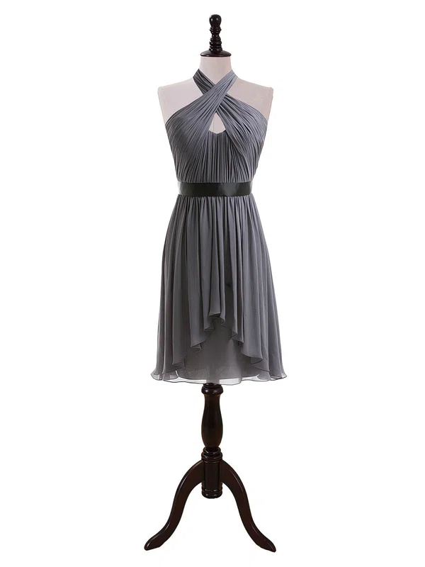 Inexpensive Knee-length Gray Chiffon Sashes/Ribbons Halter Bridesmaid Dresses #01012608